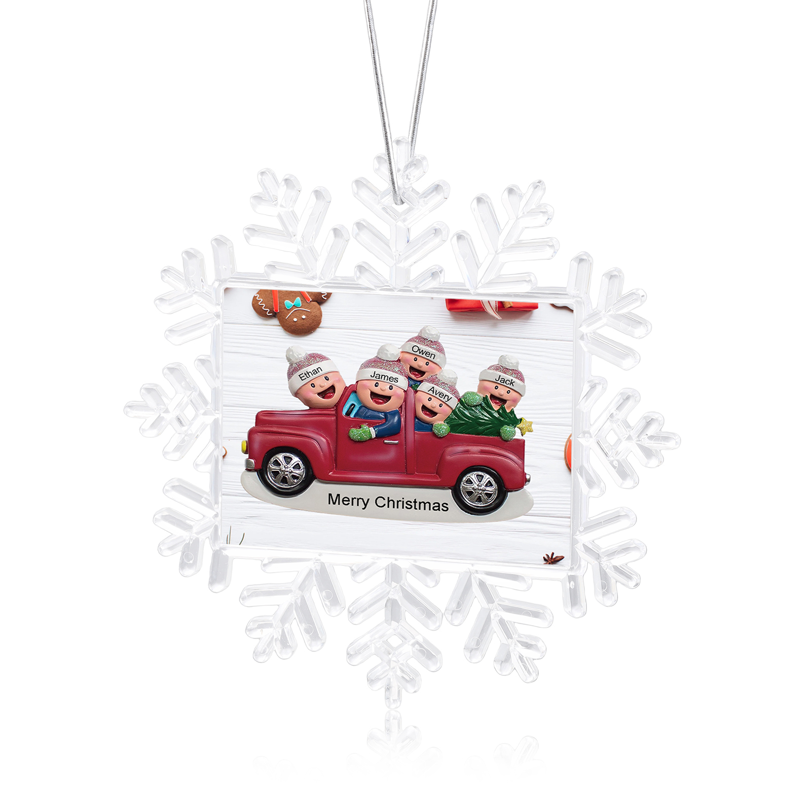 Kunststoff Weihnachtsornament – Personalisierte 2-6 Namen & Text Schneeflocke Weihnachtsbaum Anhänger mit 2-6 Familienmitgliedern im Auto