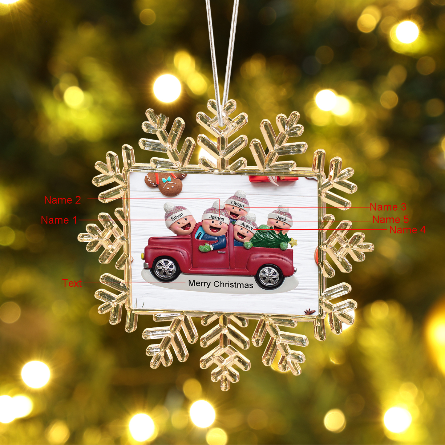 Kunststoff Weihnachtsornament – Personalisierte 2-6 Namen & Text Schneeflocke Weihnachtsbaum Anhänger mit 2-6 Familienmitgliedern im Auto