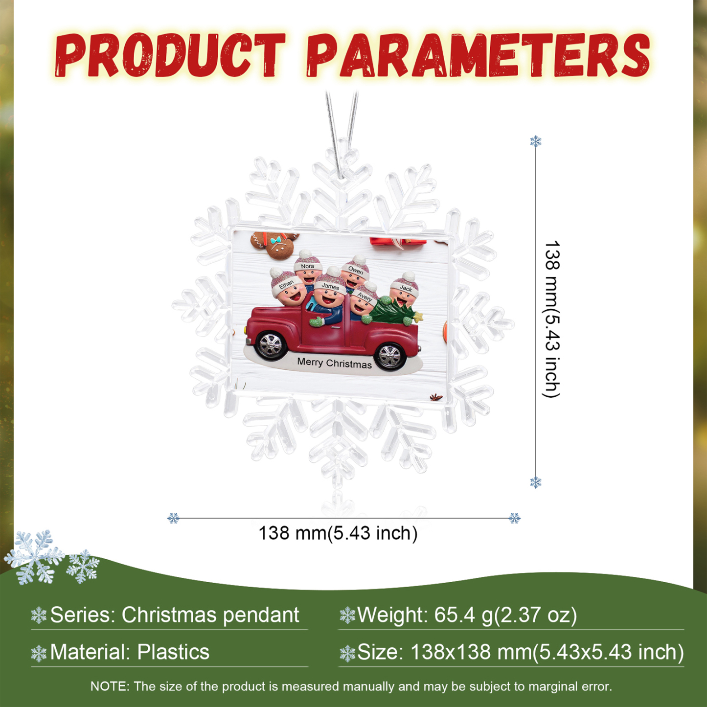 Kunststoff Weihnachtsornament – Personalisierte 2-6 Namen & Text Schneeflocke Weihnachtsbaum Anhänger mit 2-6 Familienmitgliedern im Auto