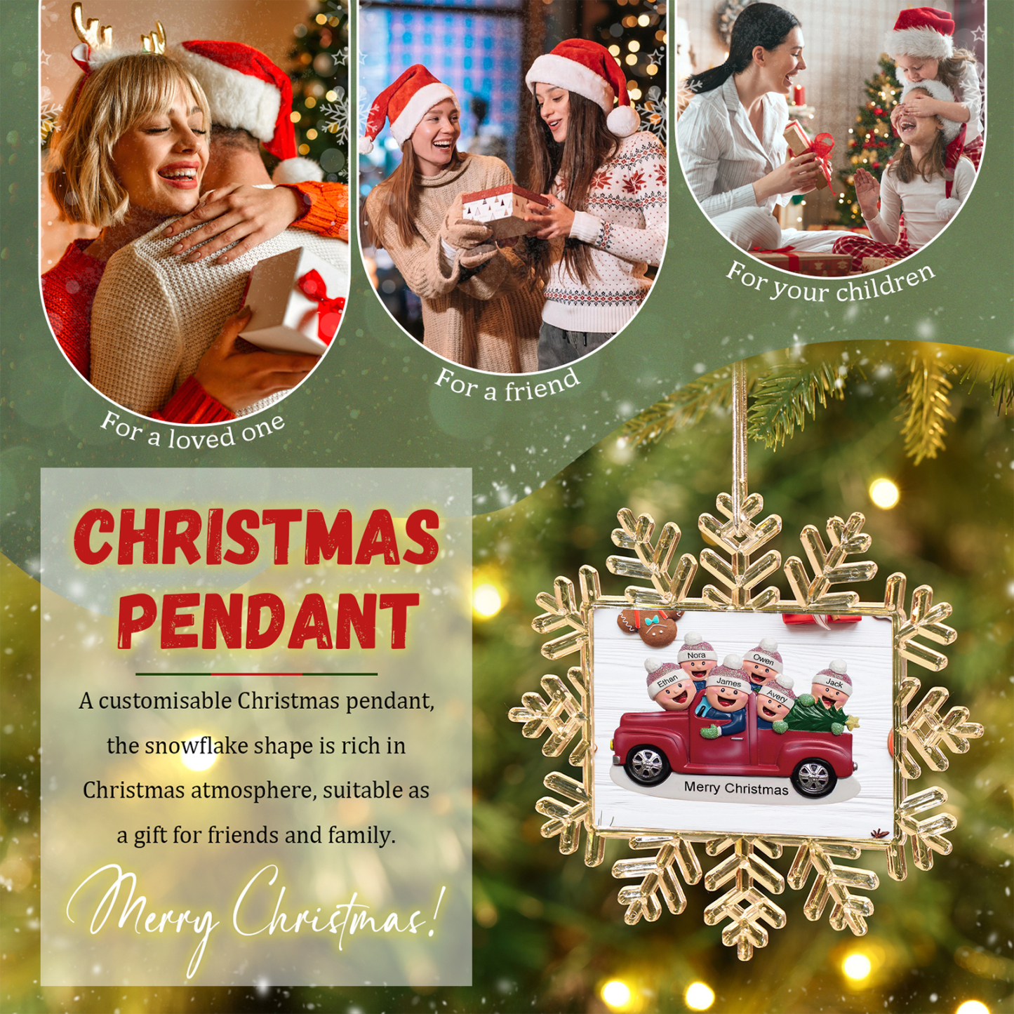 Kunststoff Weihnachtsornament – Personalisierte 2-6 Namen & Text Schneeflocke Weihnachtsbaum Anhänger mit 2-6 Familienmitgliedern im Auto