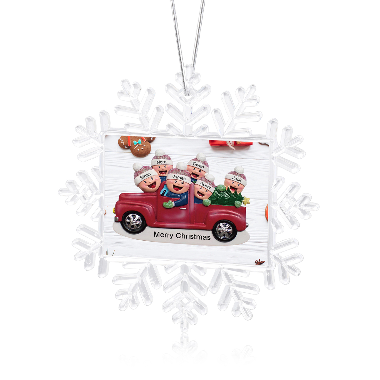 Kunststoff Weihnachtsornament – Personalisierte 2-6 Namen & Text Schneeflocke Weihnachtsbaum Anhänger mit 2-6 Familienmitgliedern im Auto