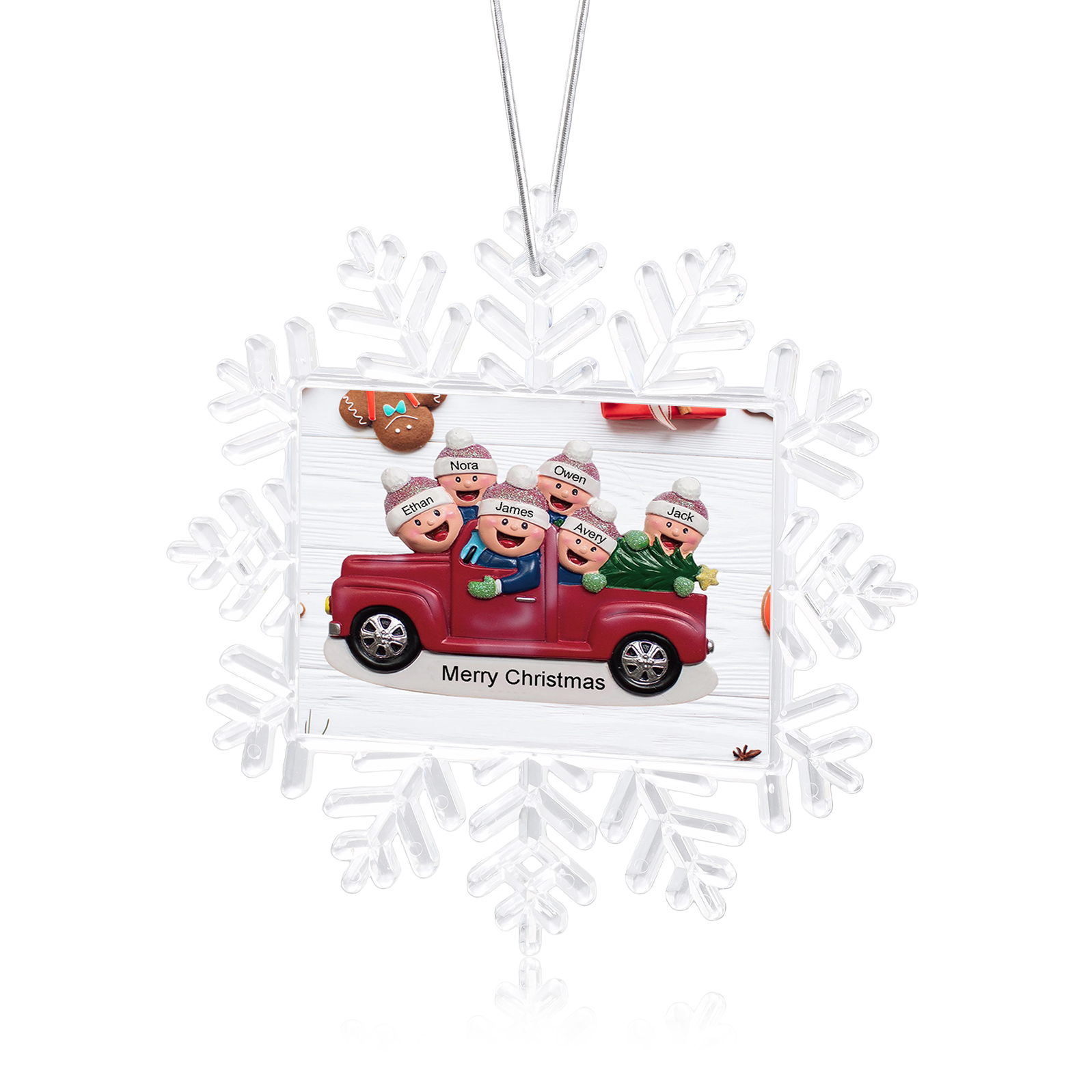 Kunststoff Weihnachtsornament – Personalisierte 2-6 Namen & Text Schneeflocke Weihnachtsbaum Anhänger mit 2-6 Familienmitgliedern im Auto