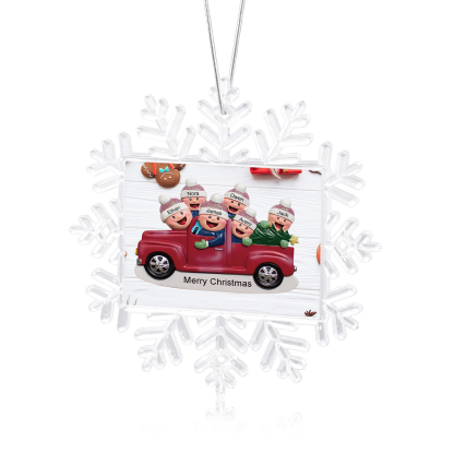 Kunststoff Weihnachtsornament – Personalisierte 2-6 Namen & Text Schneeflocke Weihnachtsbaum Anhänger mit 2-6 Familienmitgliedern im Auto