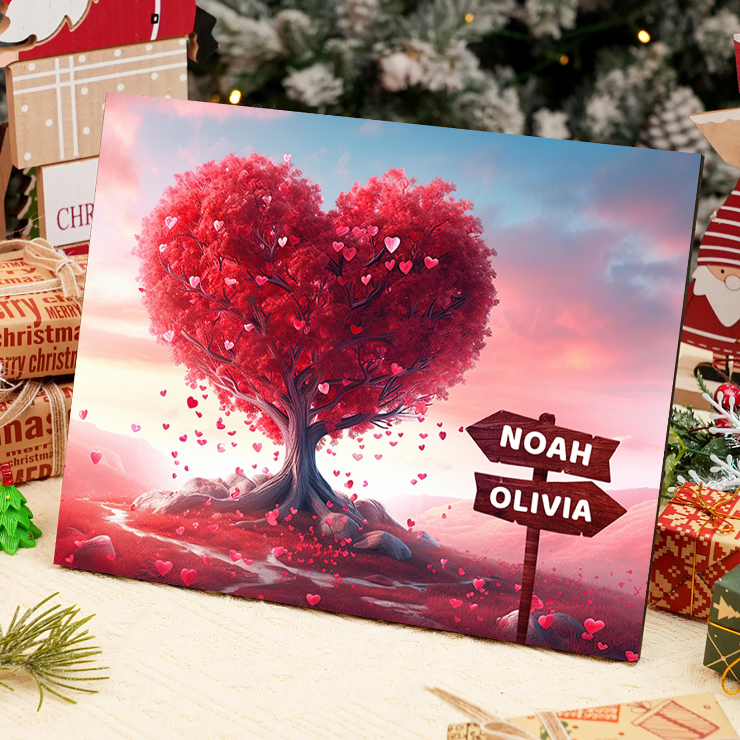 Personalisierte 2-5 Namen auf Wegweisern Familien rosafarbenen Herzbaum Holzbild – Perfektes Geschenk für Familie