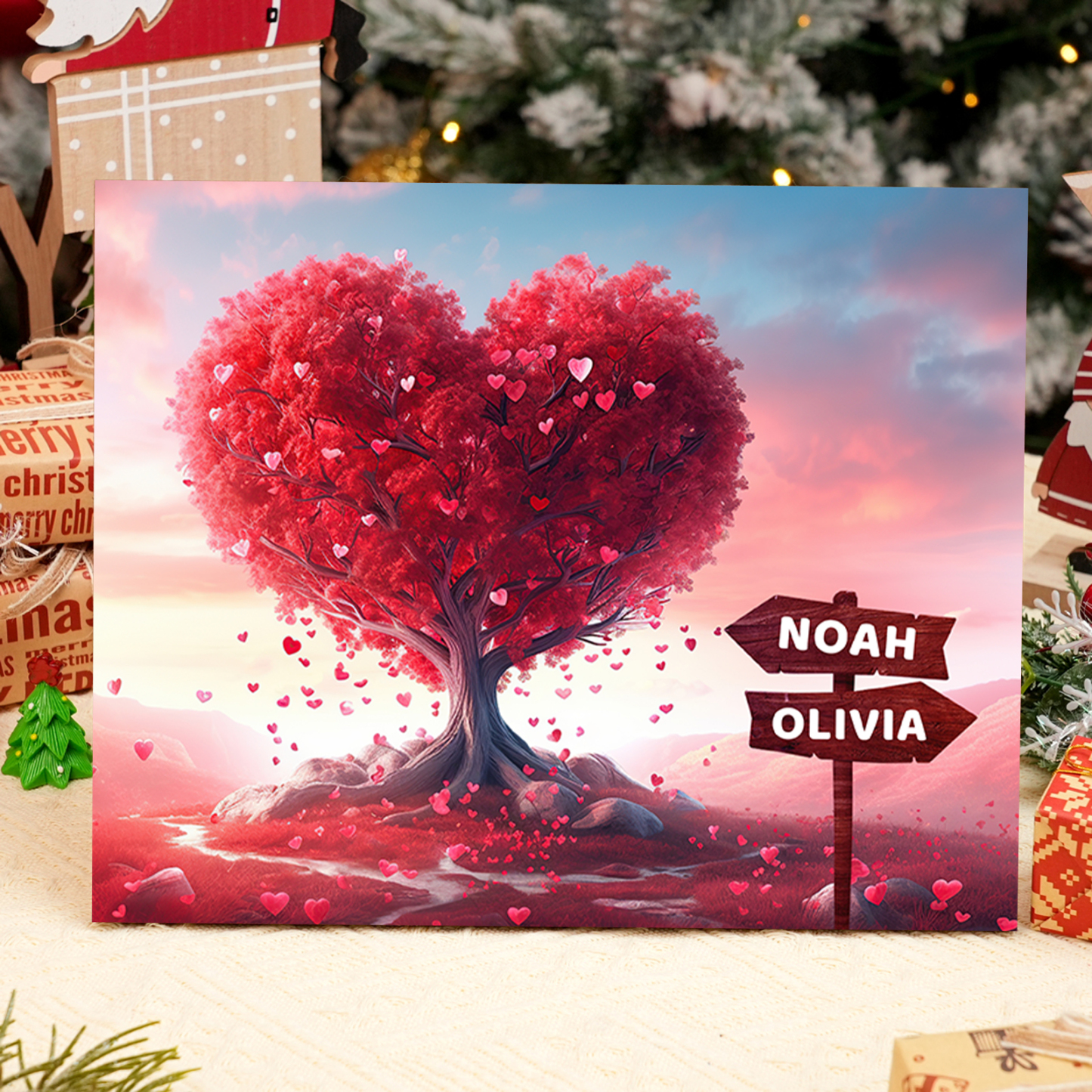 Personalisierte 2-5 Namen auf Wegweisern Familien rosafarbenen Herzbaum Holzbild – Perfektes Geschenk für Familie