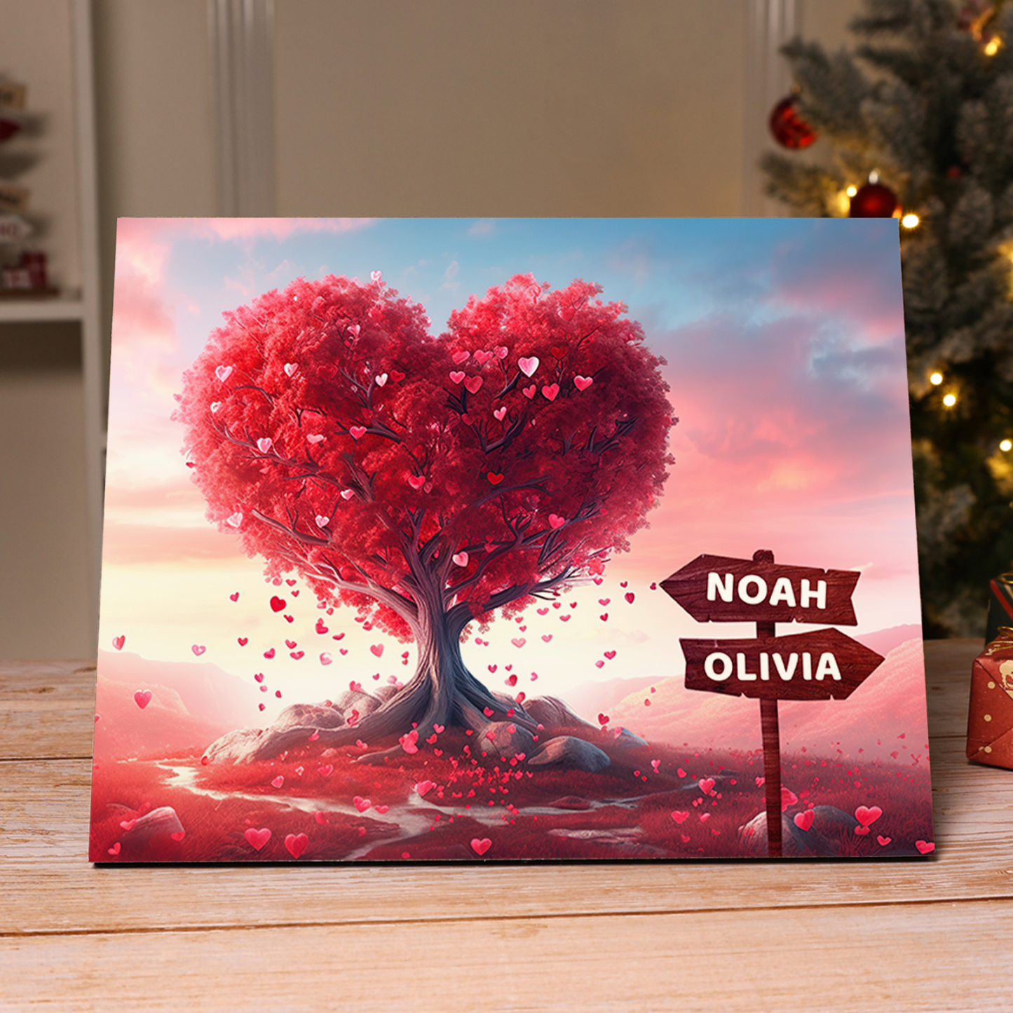 Personalisierte 2-5 Namen auf Wegweisern Familien rosafarbenen Herzbaum Holzbild – Perfektes Geschenk für Familie