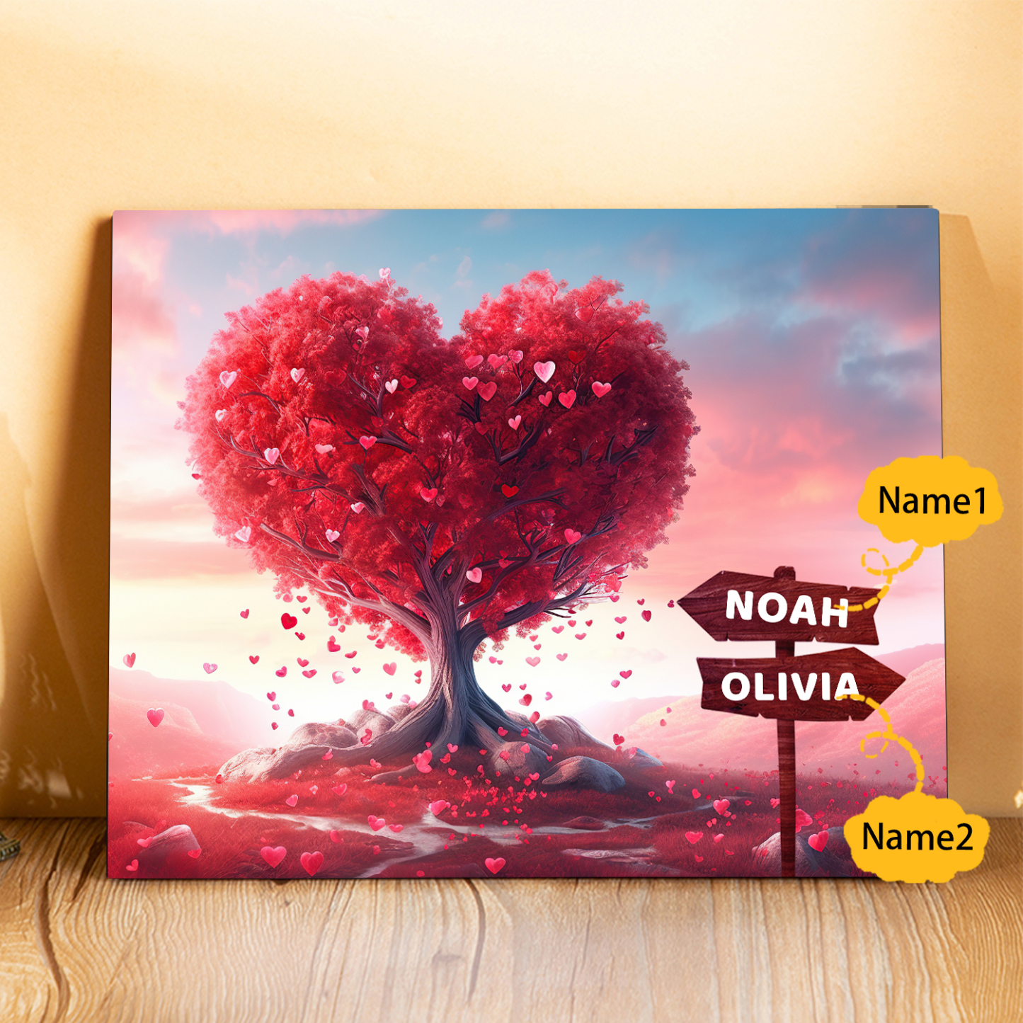 Personalisierte 2-5 Namen auf Wegweisern Familien rosafarbenen Herzbaum Holzbild – Perfektes Geschenk für Familie