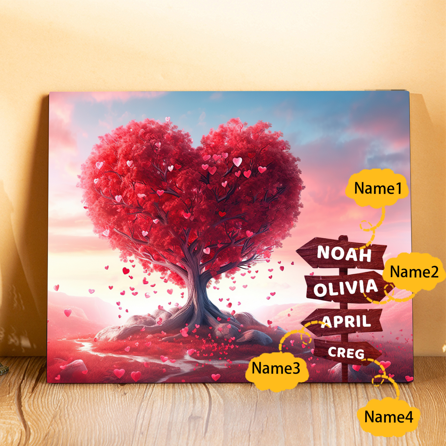 Personalisierte 2-5 Namen auf Wegweisern Familien rosafarbenen Herzbaum Holzbild – Perfektes Geschenk für Familie