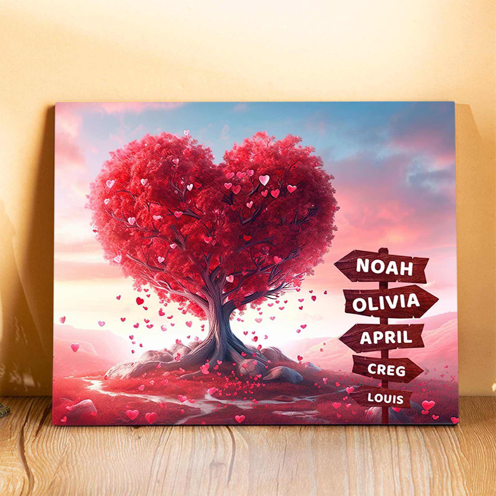 Personalisierte 2-5 Namen auf Wegweisern Familien rosafarbenen Herzbaum Holzbild – Perfektes Geschenk für Familie