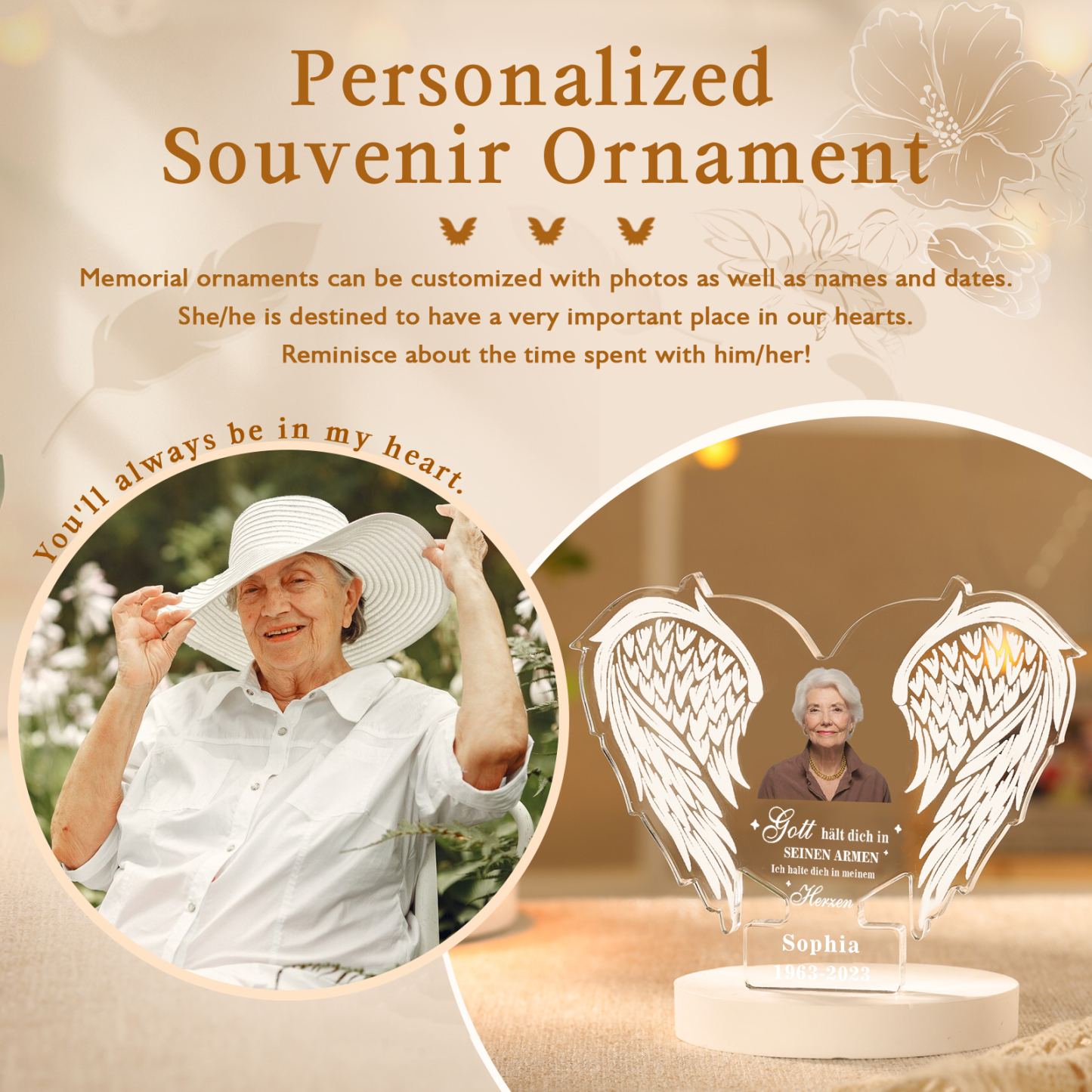 Personalisierter 1 Name & Foto & Datum Gedenkengel Acryl-Deko-Gott hält dich in seinen Armen, ich halte dich in meinem Herzen-Trauer Schreibtischdekoration