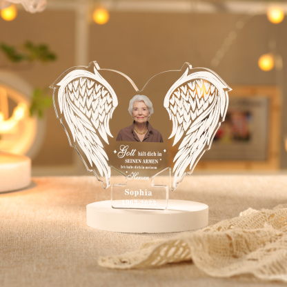 Personalisierter 1 Name & Foto & Datum Gedenkengel Acryl-Deko-Gott hält dich in seinen Armen, ich halte dich in meinem Herzen-Trauer Schreibtischdekoration