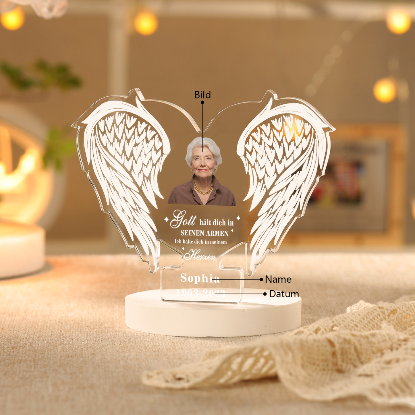 Personalisierter 1 Name & Foto & Datum Gedenkengel Acryl-Deko-Gott hält dich in seinen Armen, ich halte dich in meinem Herzen-Trauer Schreibtischdekoration