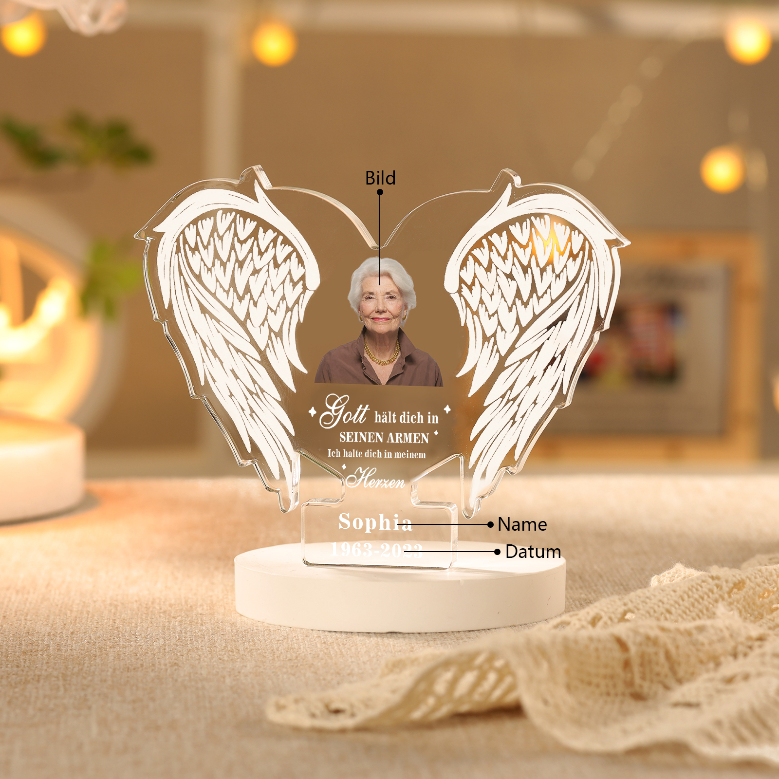 Personalisierter 1 Name & Foto & Datum Gedenkengel Acryl-Deko-Gott hält dich in seinen Armen, ich halte dich in meinem Herzen-Trauer Schreibtischdekoration