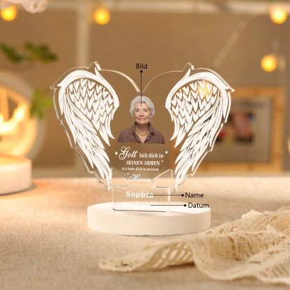 Personalisierter 1 Name & Foto & Datum Gedenkengel Acryl-Deko-Gott hält dich in seinen Armen, ich halte dich in meinem Herzen-Trauer Schreibtischdekoration