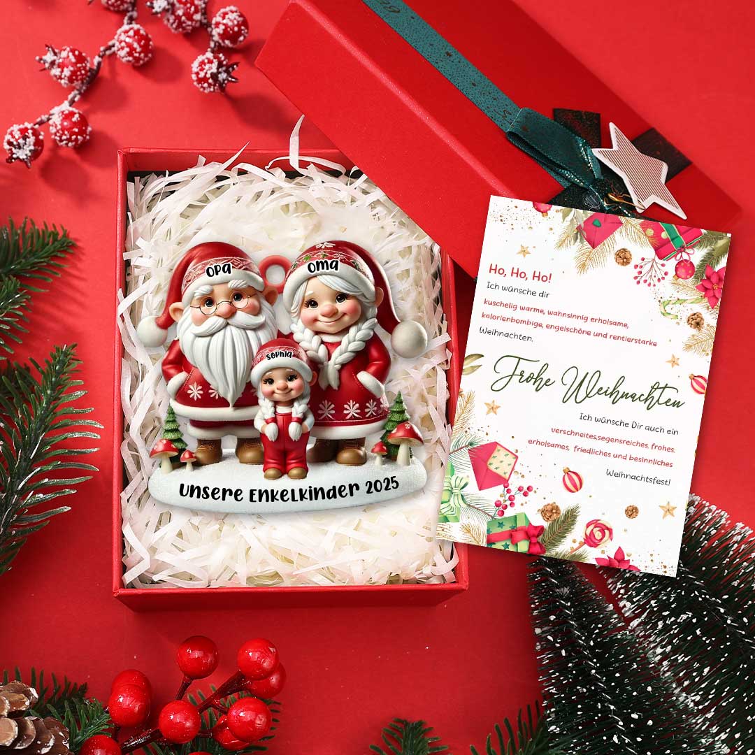 Personalisierter 3D‑Weihnachtsanhänger mit Gnomen, Name, Jahr, Wunschtext – Geschenk für Oma & Opa