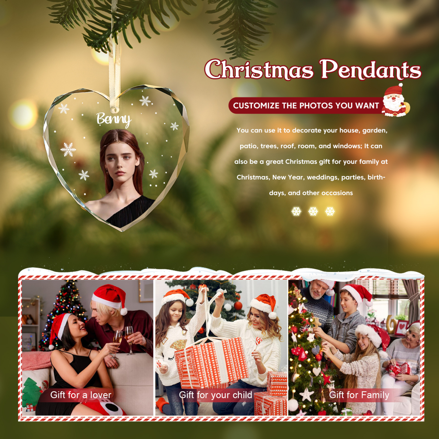 Personalisierter 1 Name & Foto Glas Weihnachtsornament Herz Ornament