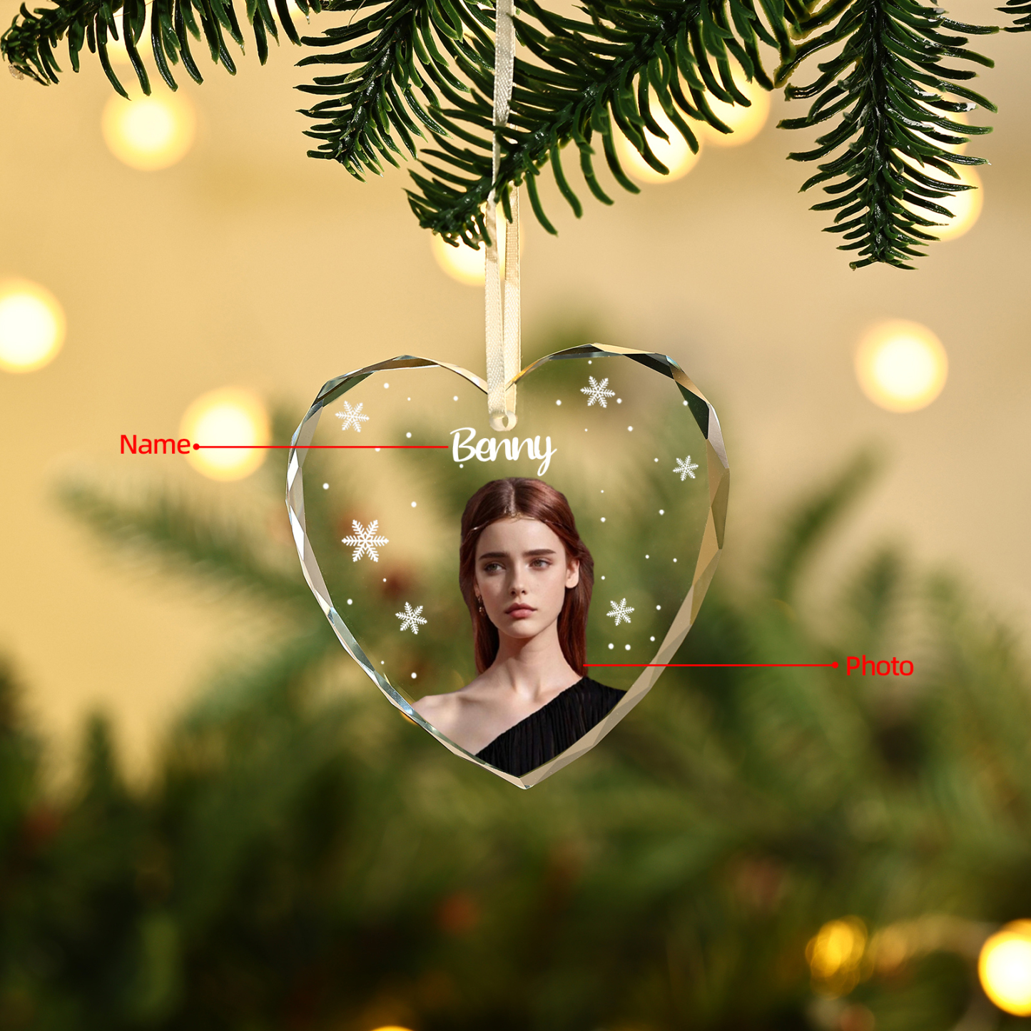 Personalisierter 1 Name & Foto Glas Weihnachtsornament Herz Ornament