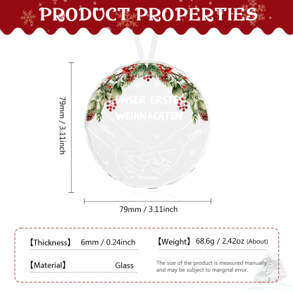 Personalisierte 2 Namen & Text & Datum Glas Weihnachtsornament Hand in Hand Ornament für Liebespaar