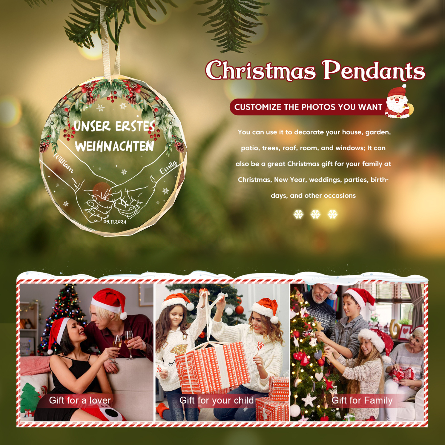 Personalisierte 2 Namen & Text & Datum Glas Weihnachtsornament Hand in Hand Ornament für Liebespaar