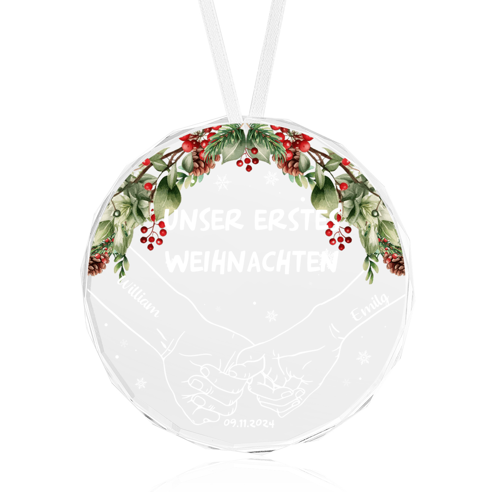 Personalisierte 2 Namen & Text & Datum Glas Weihnachtsornament Hand in Hand Ornament für Liebespaar
