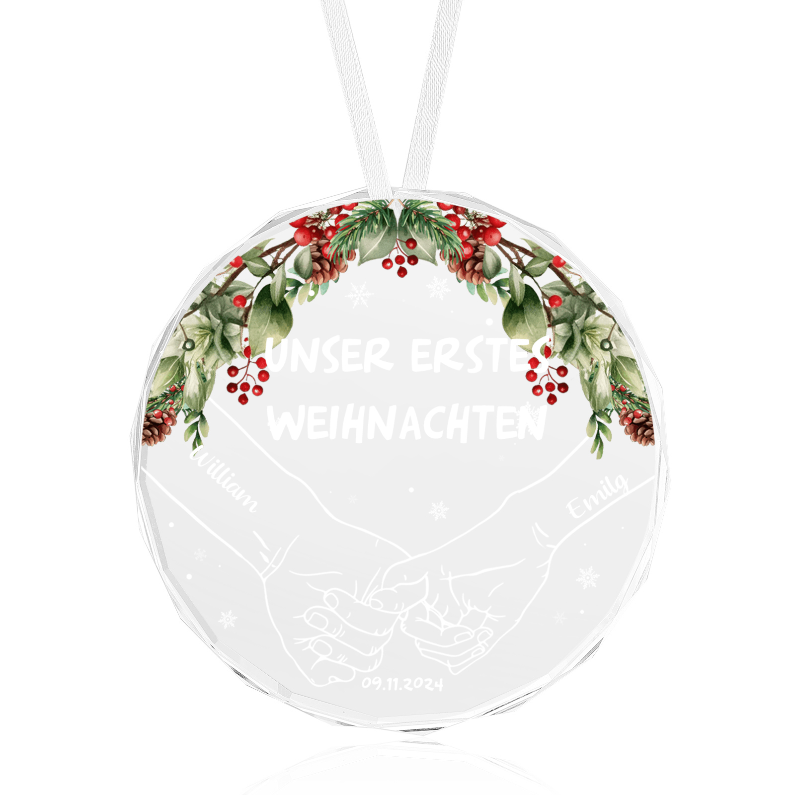 Personalisierte 2 Namen & Text & Datum Glas Weihnachtsornament Hand in Hand Ornament für Liebespaar