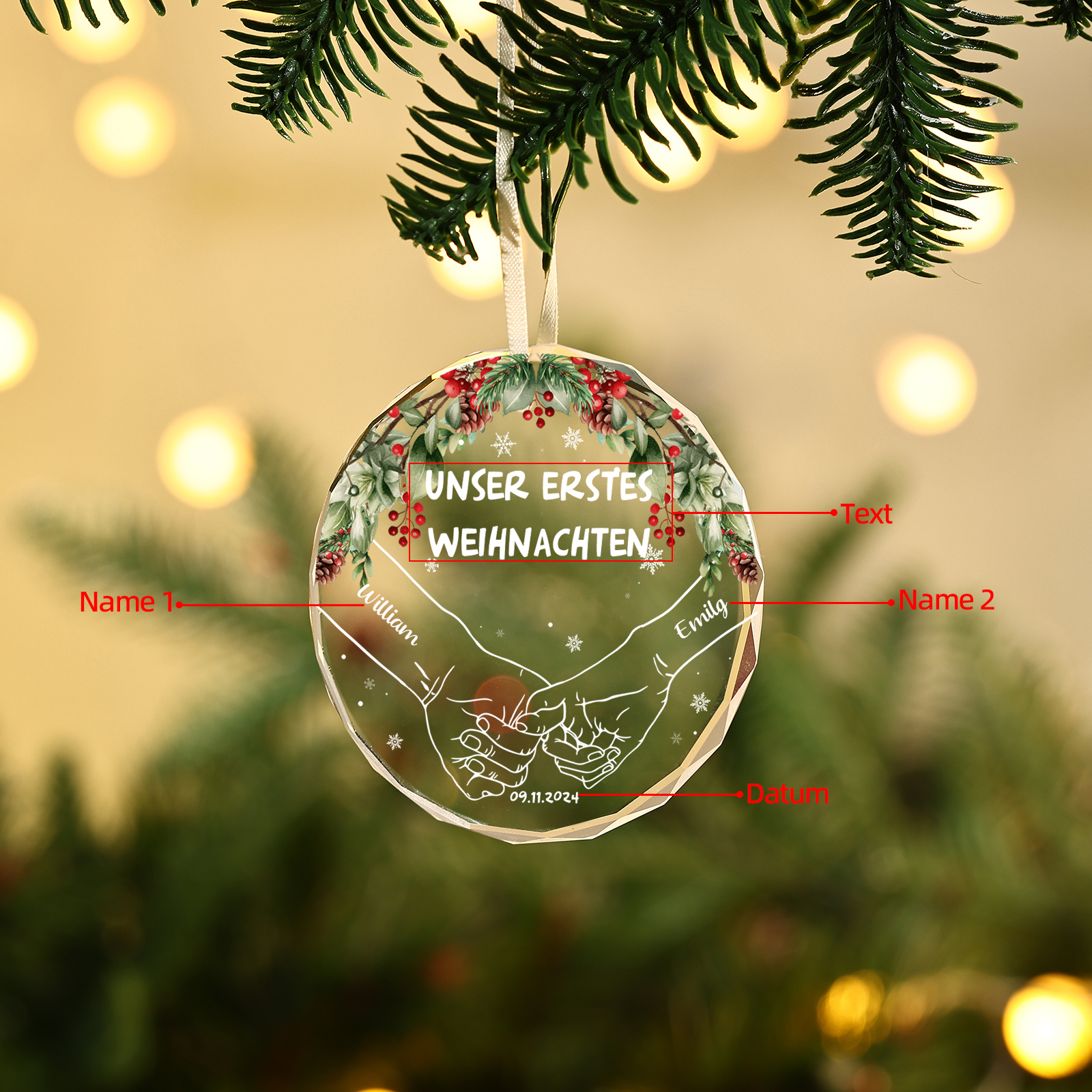 Personalisierte 2 Namen & Text & Datum Glas Weihnachtsornament Hand in Hand Ornament für Liebespaar