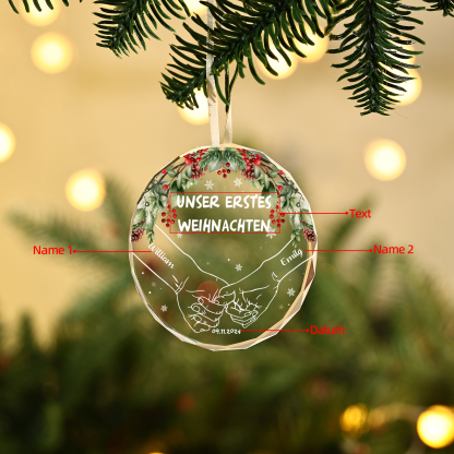 Personalisierte 2 Namen & Text & Datum Glas Weihnachtsornament Hand in Hand Ornament für Liebespaar