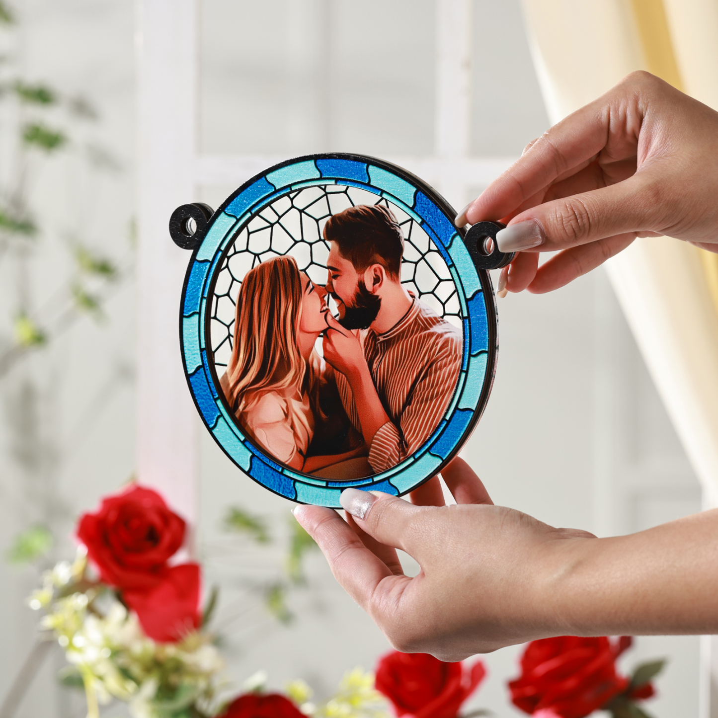 Personalisiertes 1 Foto Acryl & Holz Runde Anhänger – Ornament in Blau/ Rosa