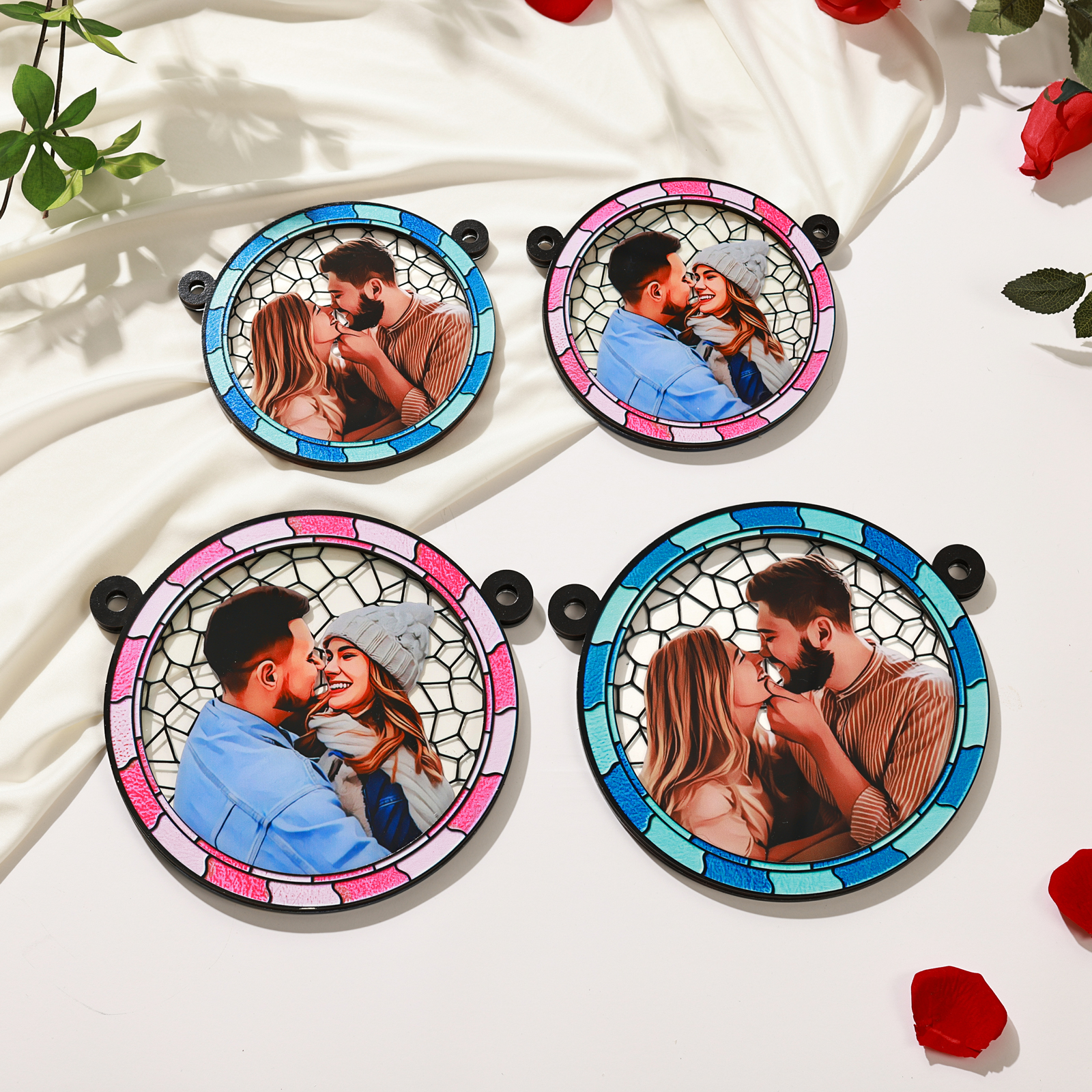 Personalisiertes 1 Foto Acryl & Holz Runde Anhänger – Ornament in Blau/ Rosa