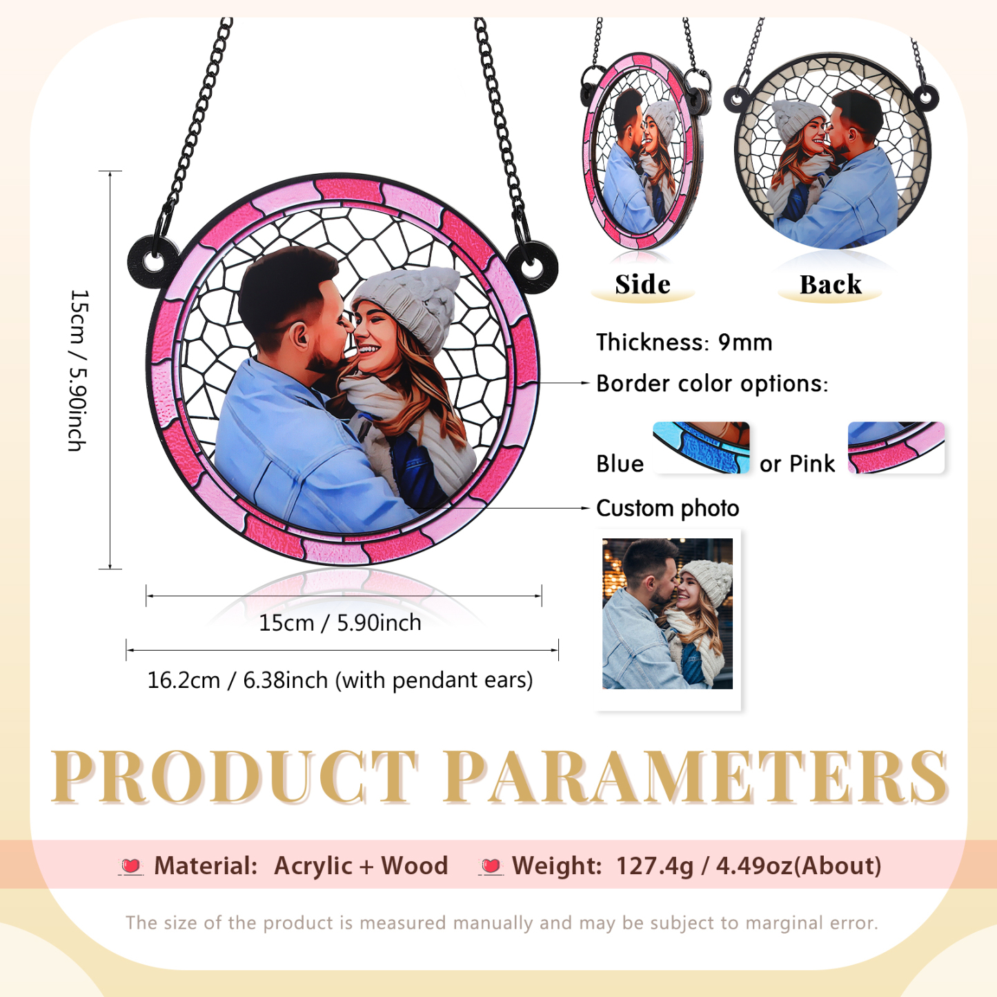Personalisiertes 1 Foto Acryl & Holz Runde Anhänger – Ornament in Blau/ Rosa