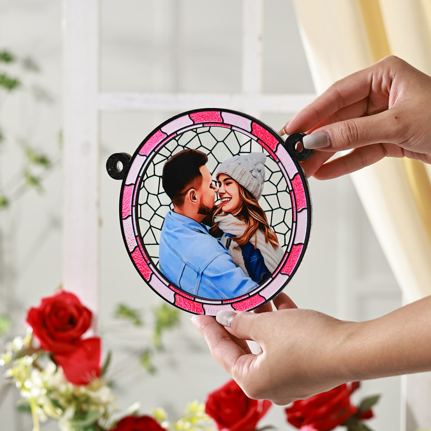 Personalisiertes 1 Foto Acryl & Holz Runde Anhänger – Ornament in Blau/ Rosa