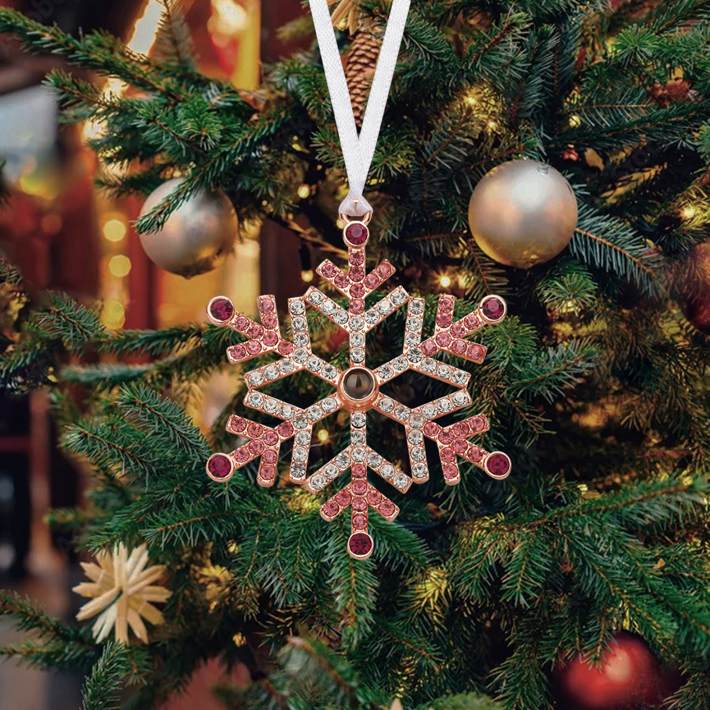 Personalisiertes Foto Projektion Blau/ Rosa Schneeflocke Weihnachtsorn