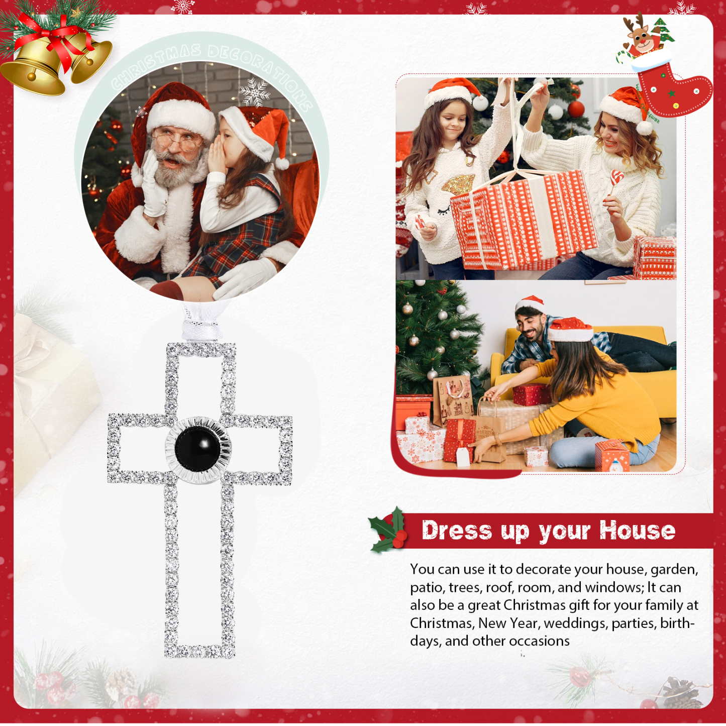 Personalisiertes Foto Projektion Silber Kreuz Weihnachtsornament Weihnachtsbaum Anhänger 