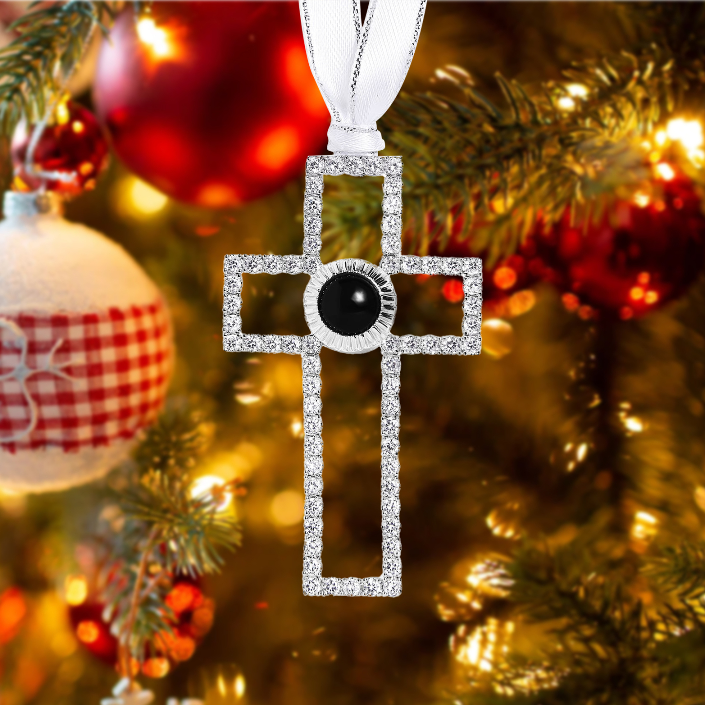 Personalisiertes Foto Projektion Silber Kreuz Weihnachtsornament Weihnachtsbaum Anhänger