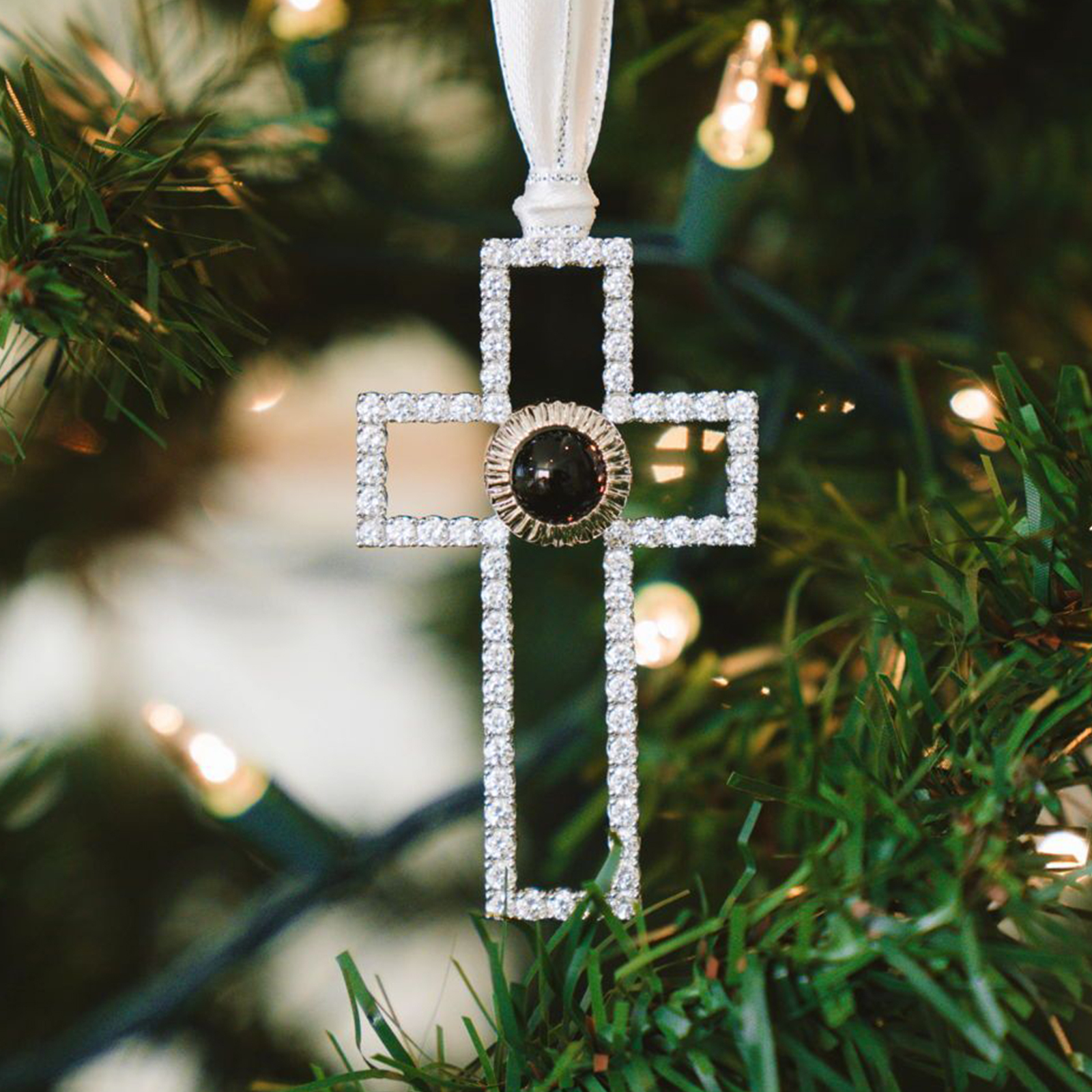 Personalisiertes Foto Projektion Silber Kreuz Weihnachtsornament Weihnachtsbaum Anhänger