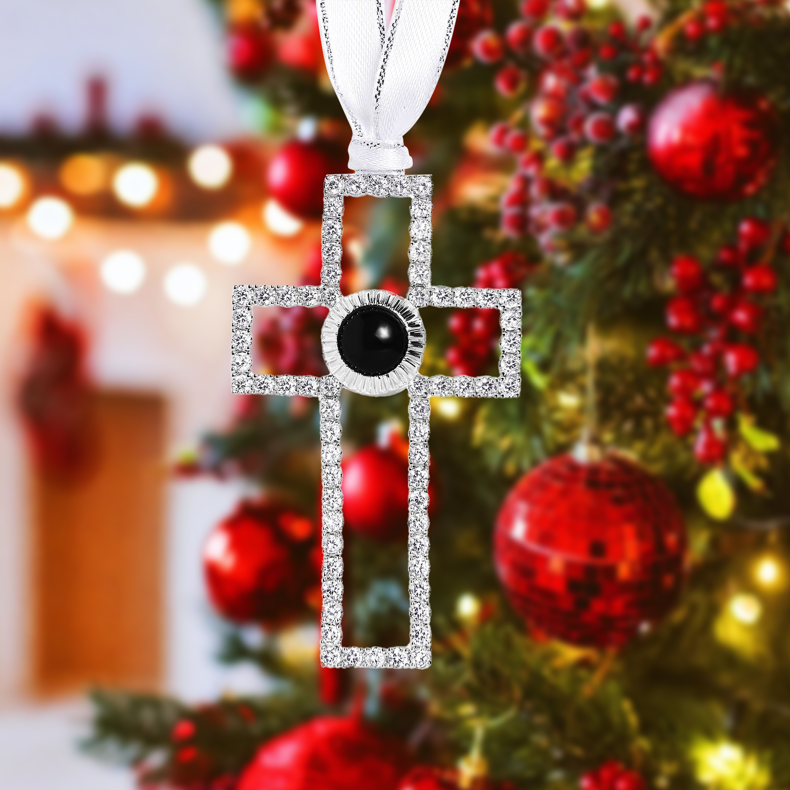 Personalisiertes Foto Projektion Silber Kreuz Weihnachtsornament Weihnachtsbaum Anhänger 