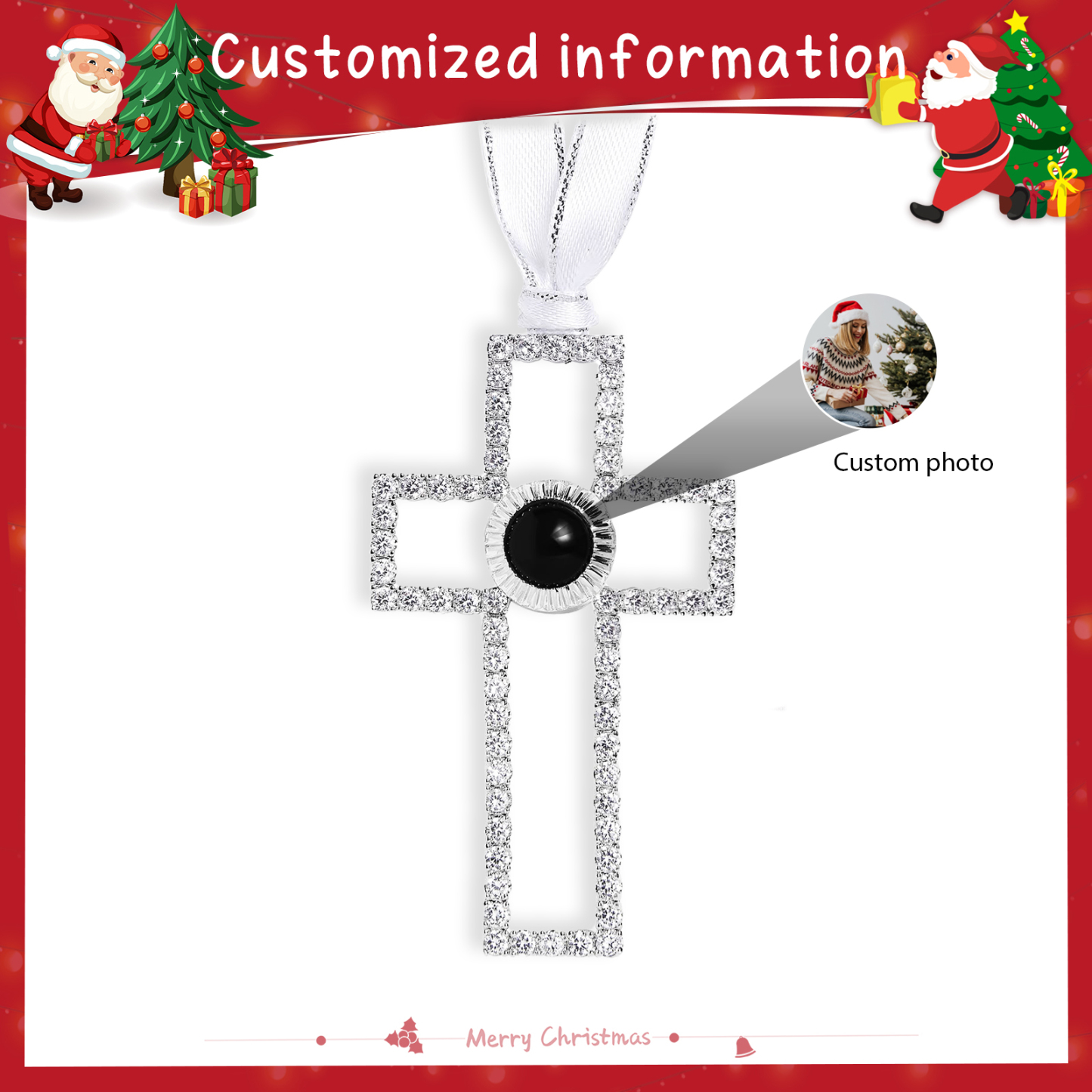 Personalisiertes Foto Projektion Silber Kreuz Weihnachtsornament Weihnachtsbaum Anhänger