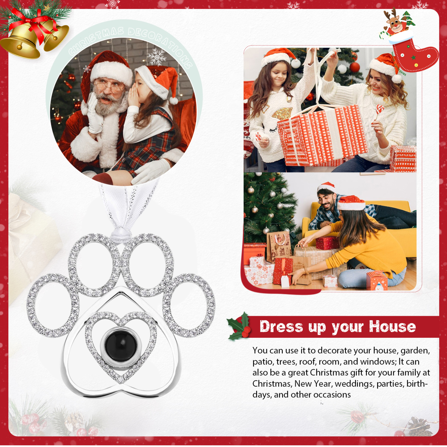 Personalisiertes Foto Projektion Silber Hundspaw Weihnachtsornament Weihnachtsbaum Anhänger
