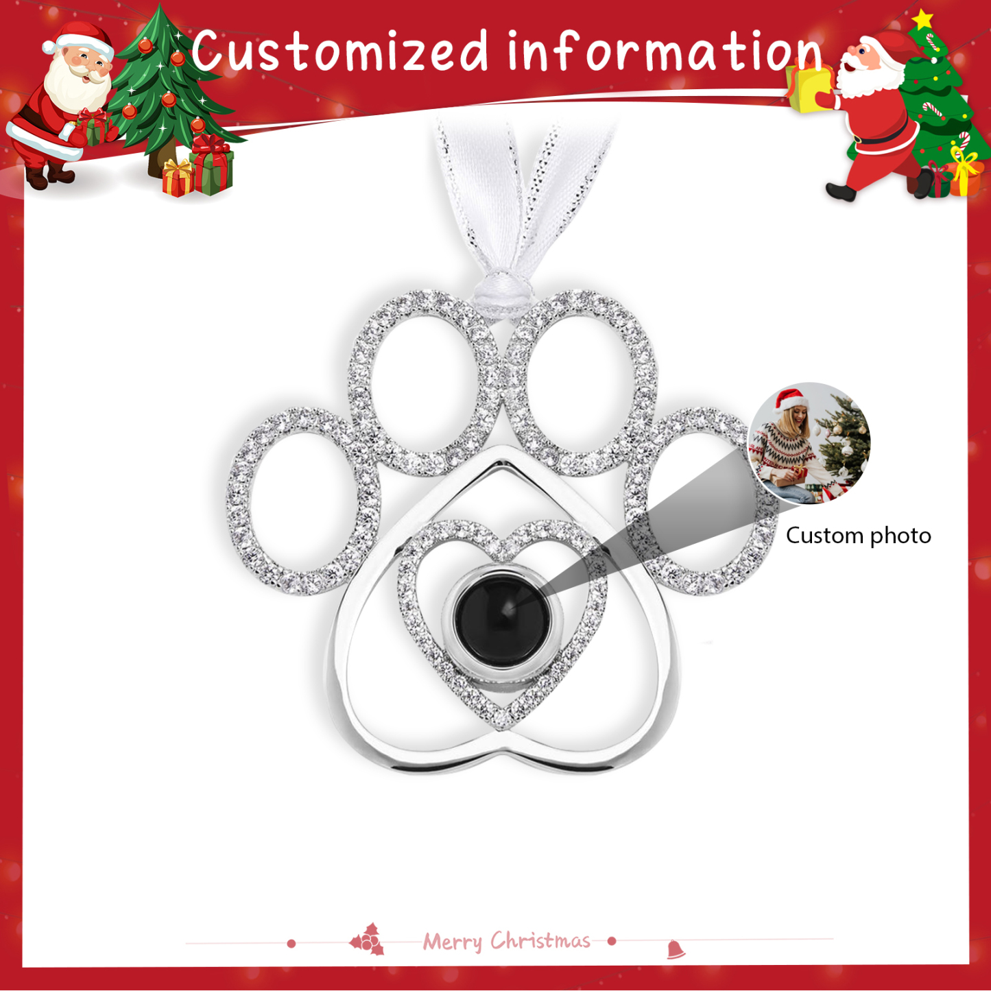 Personalisiertes Foto Projektion Silber Hundspaw Weihnachtsornament Weihnachtsbaum Anhänger