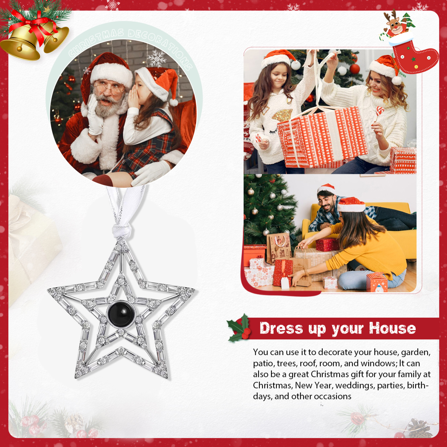 Personalisiertes Foto Projektion doppeltes Silber Stern Weihnachtsornament Weihnachtsbaum Anhänger