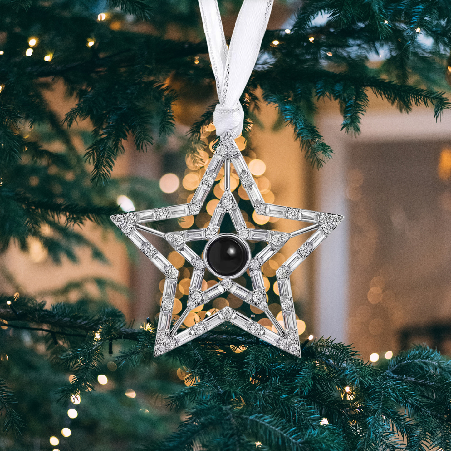 Personalisiertes Foto Projektion doppeltes Silber Stern Weihnachtsornament Weihnachtsbaum Anhänger