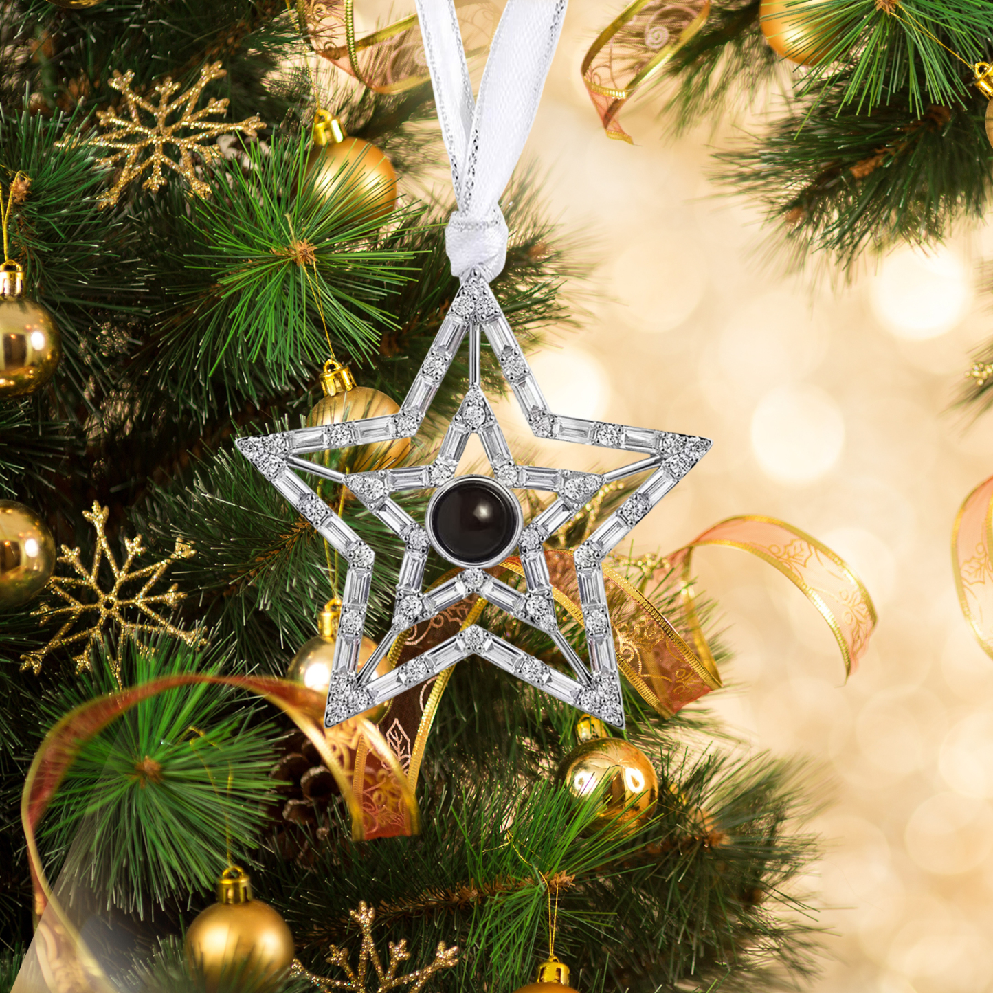 Personalisiertes Foto Projektion doppeltes Silber Stern Weihnachtsornament Weihnachtsbaum Anhänger