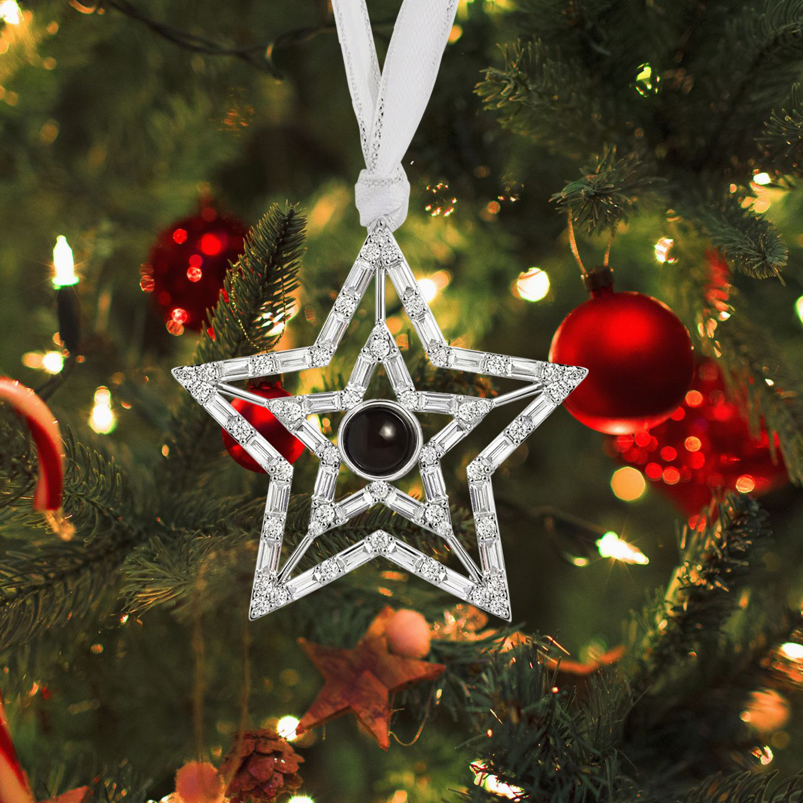 Personalisiertes Foto Projektion doppeltes Silber Stern Weihnachtsornament Weihnachtsbaum Anhänger