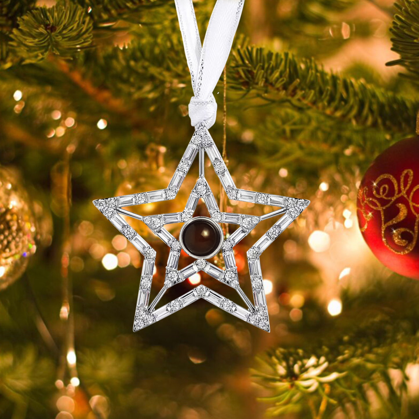 Personalisiertes Foto Projektion doppeltes Silber Stern Weihnachtsornament Weihnachtsbaum Anhänger