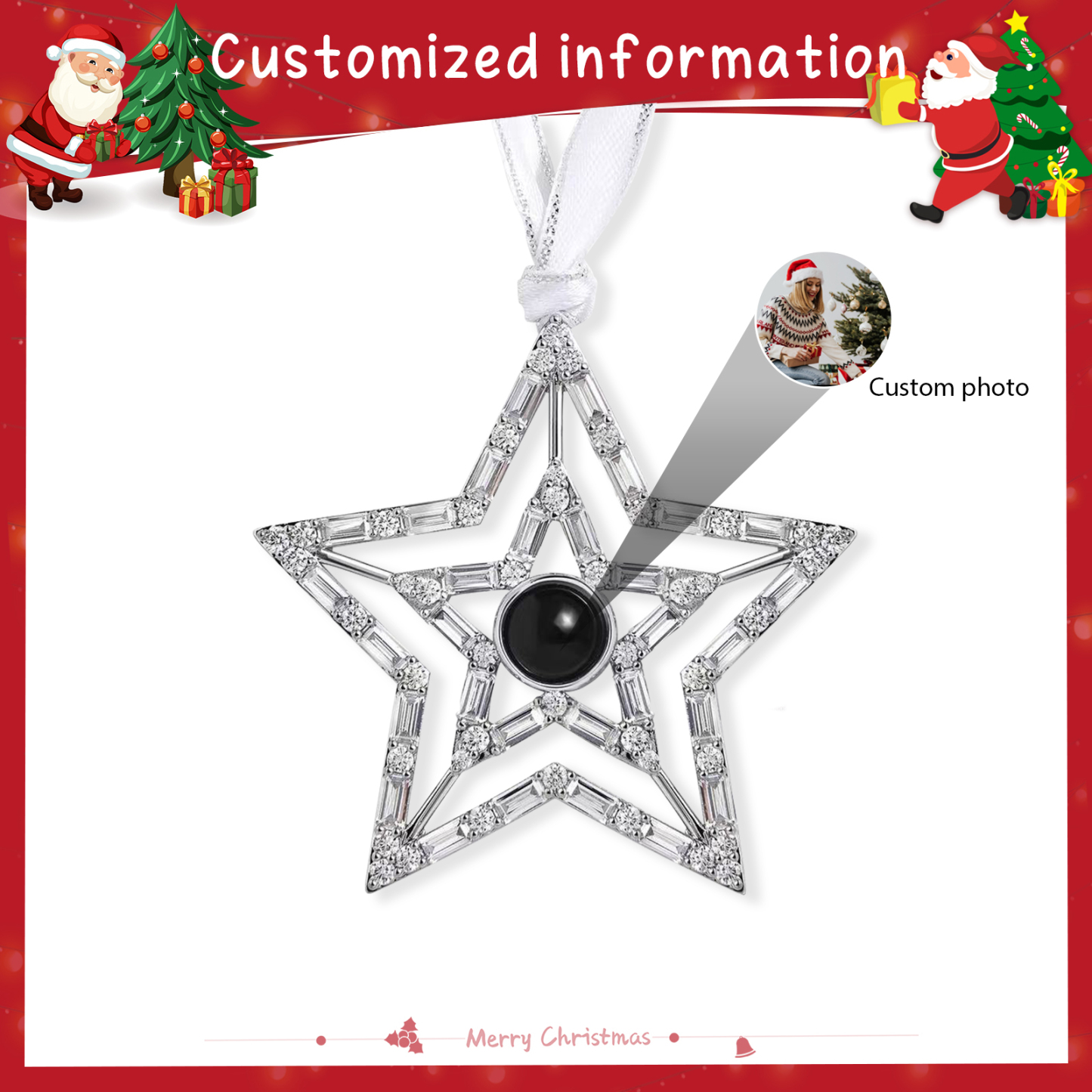 Personalisiertes Foto Projektion doppeltes Silber Stern Weihnachtsornament Weihnachtsbaum Anhänger