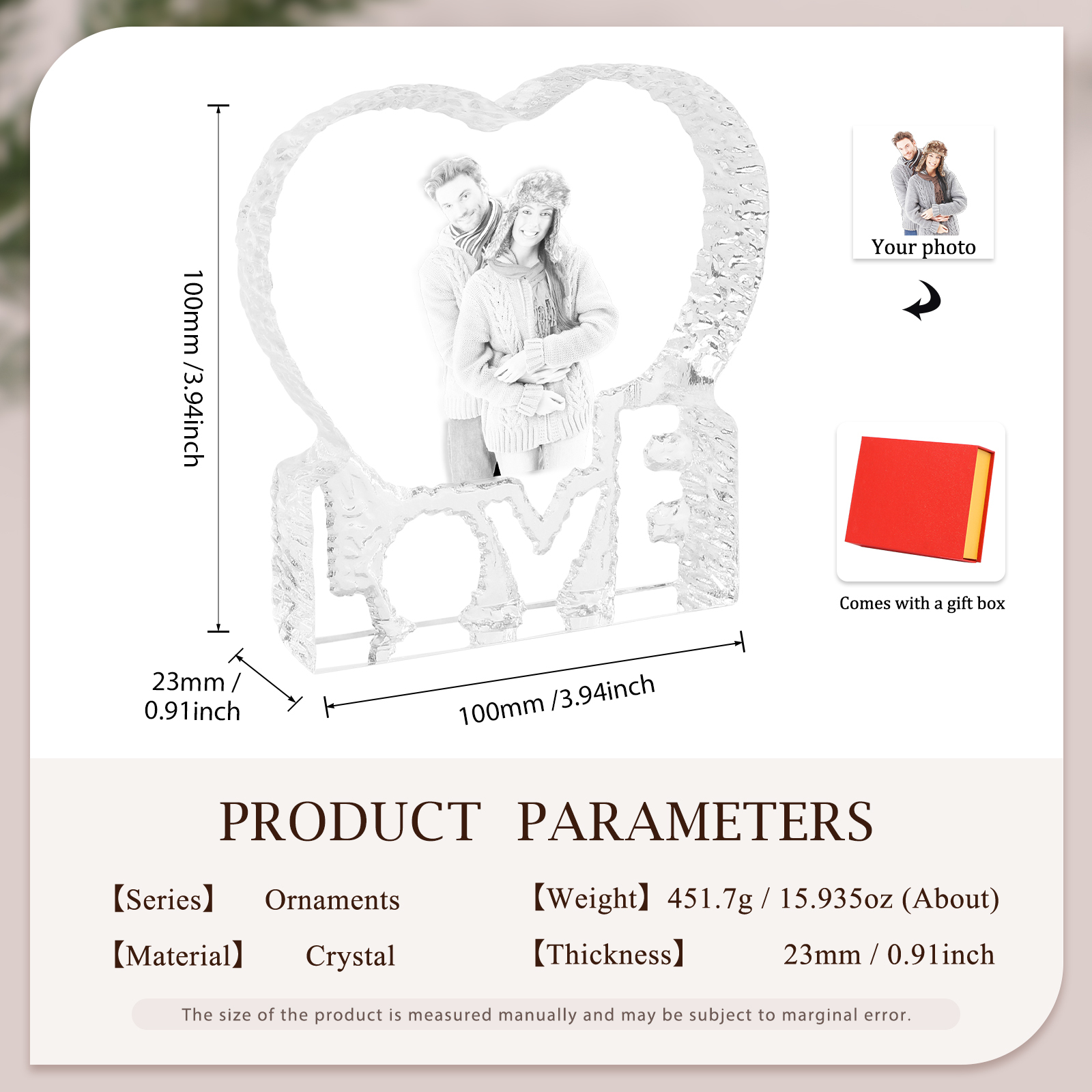 Personalisierte mit 1 Foto Kristall Herz Deko-Schreibtischdekoration für Paar
