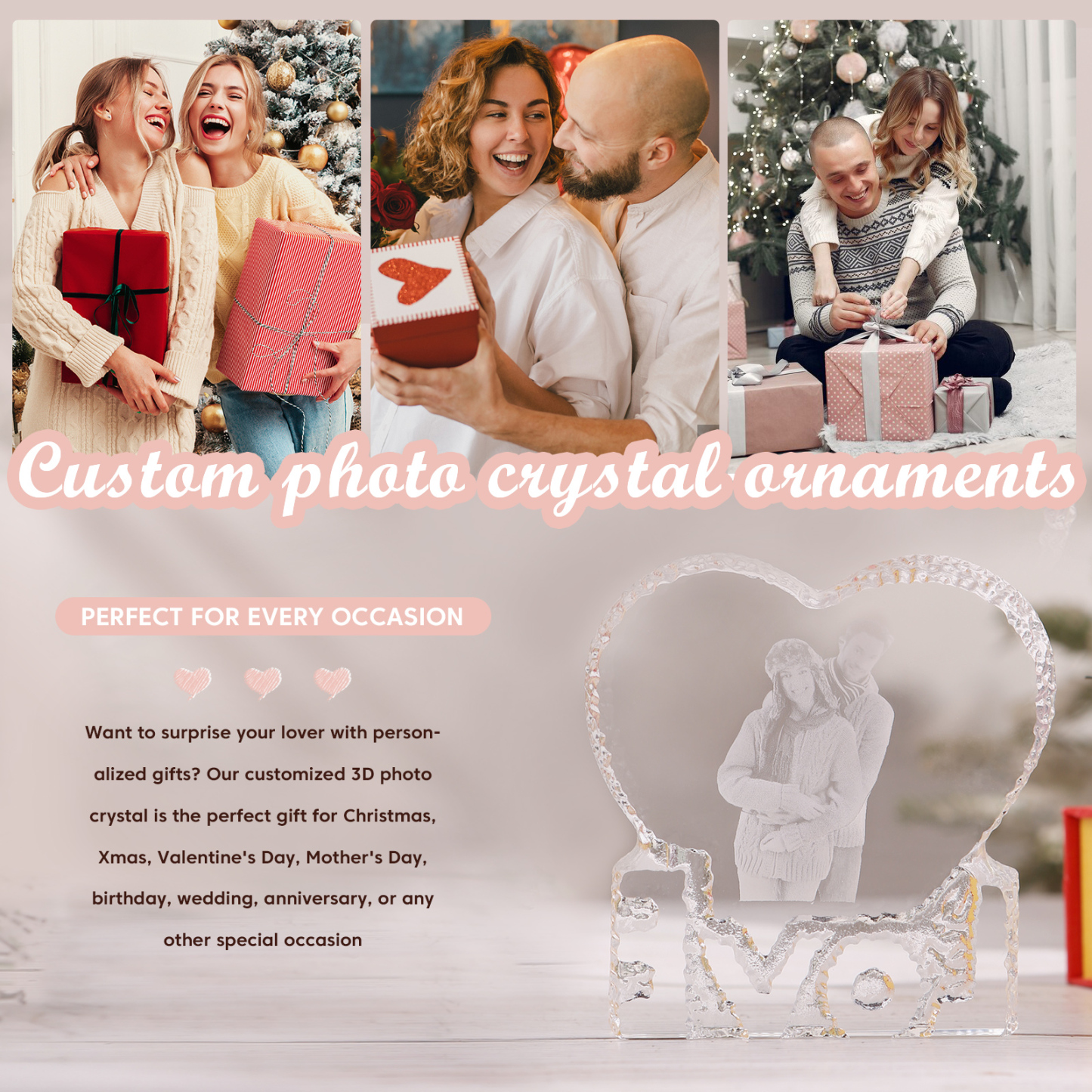 Personalisierte mit 1 Foto Kristall Herz Deko-Schreibtischdekoration für Paar