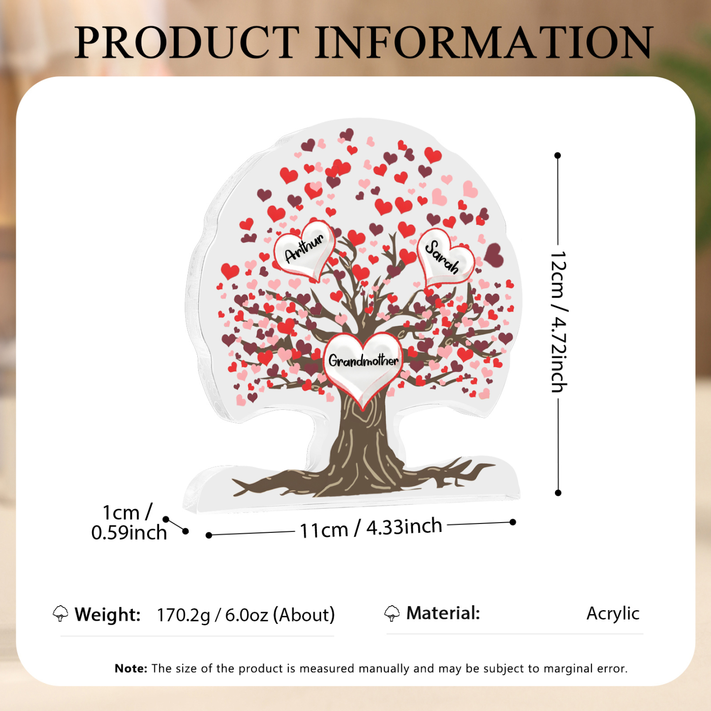 Personalisierte 3-7 Namen Lebensbaum mit roten Herzen Acryldeko Schreibdekoration – Ein einzigartiges Geschenk für Oma Großmutter