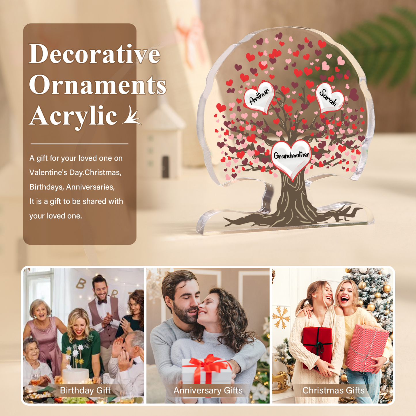 Personalisierte 3-7 Namen Lebensbaum mit roten Herzen Acryldeko Schreibdekoration – Ein einzigartiges Geschenk für Oma Großmutter
