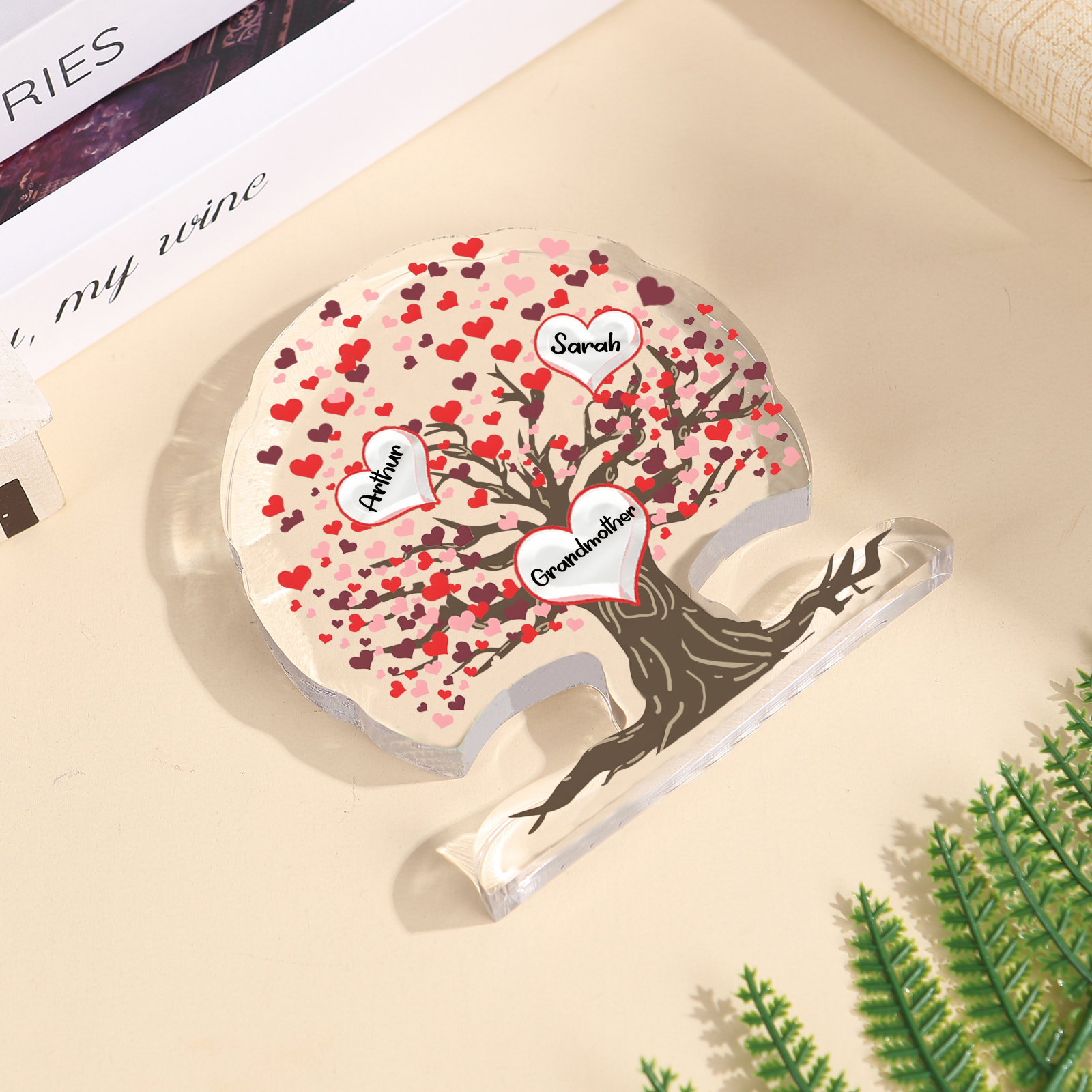 Personalisierte 3-7 Namen Lebensbaum mit roten Herzen Acryldeko Schreibdekoration – Ein einzigartiges Geschenk für Oma Großmutter